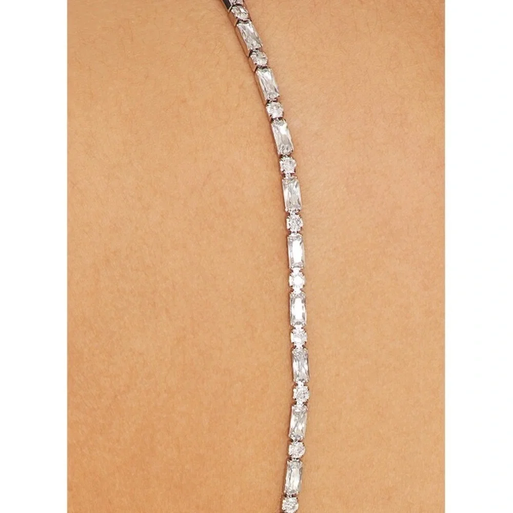 NWT RETROFETE Satin Asymmetric Crystal Chain Strap Draped Neck Open Back Gown S - Picture 6 of 13